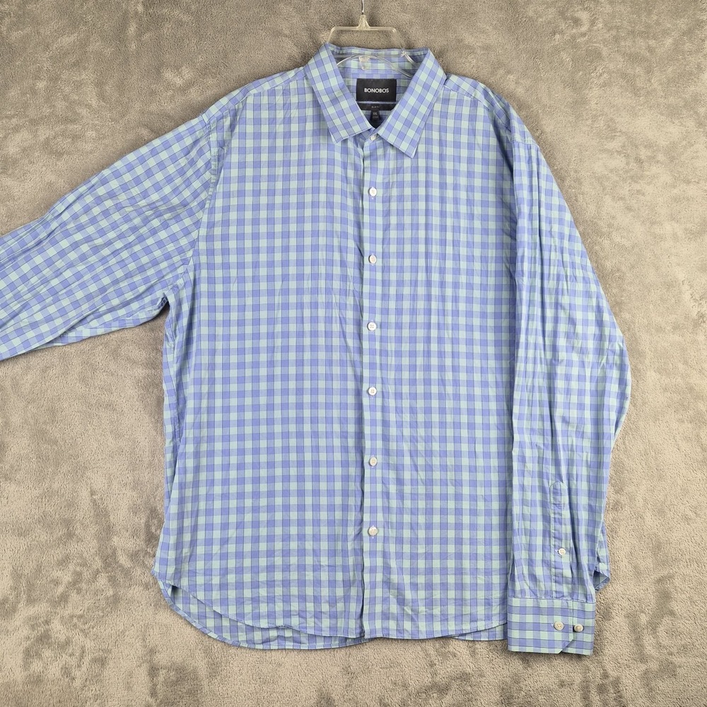 Bonobos Shirt Mens 2XL Blue‎ Green Slim Fit Check Long Sleeve Gingham Plaid XXL